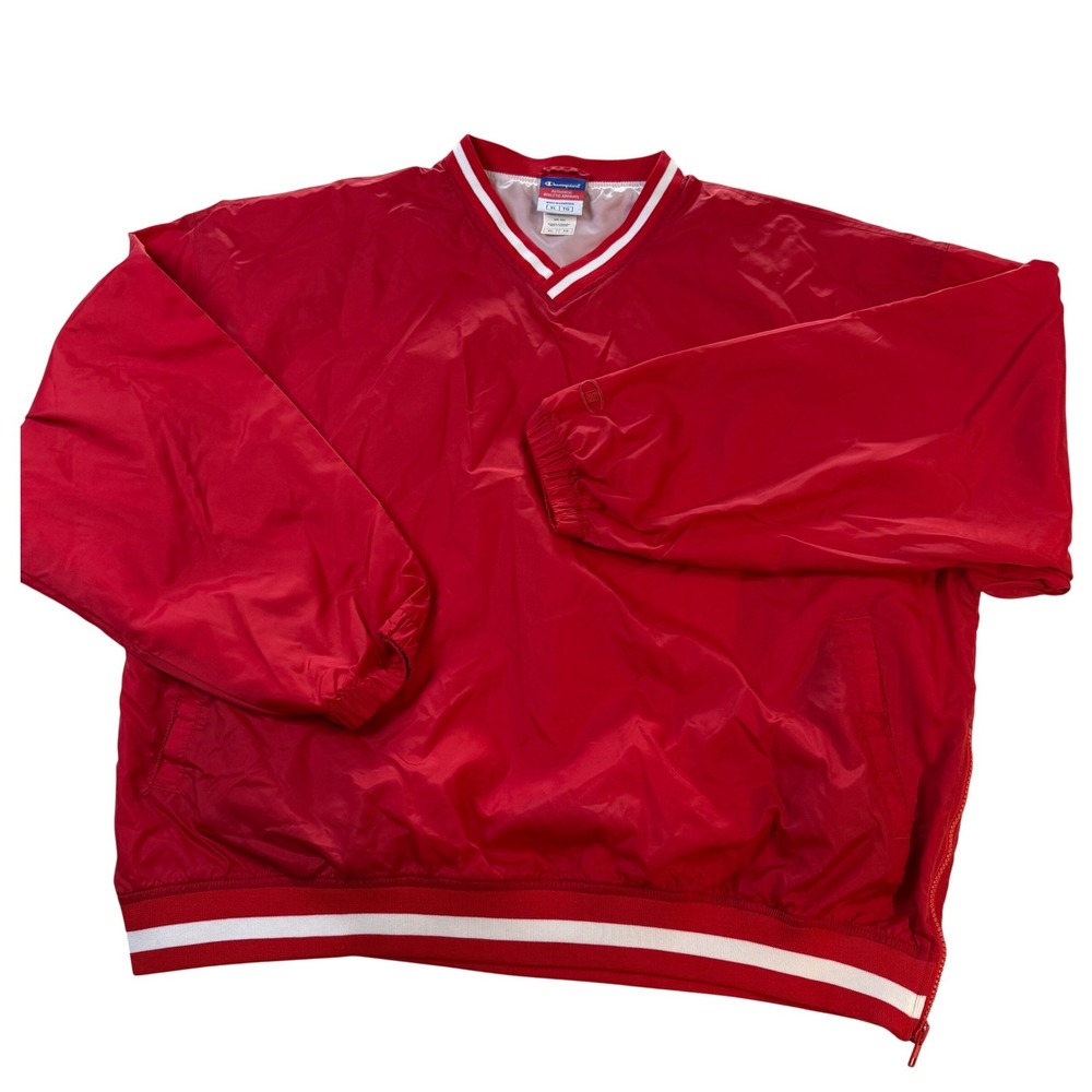VINTAGE Champion Red Nylon V Neck Pullover Windbreaker Jacket Men's